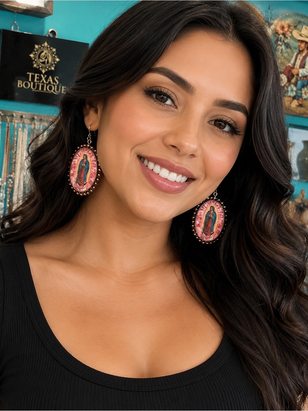 Virgin Mary Earrings in Pink and Gold